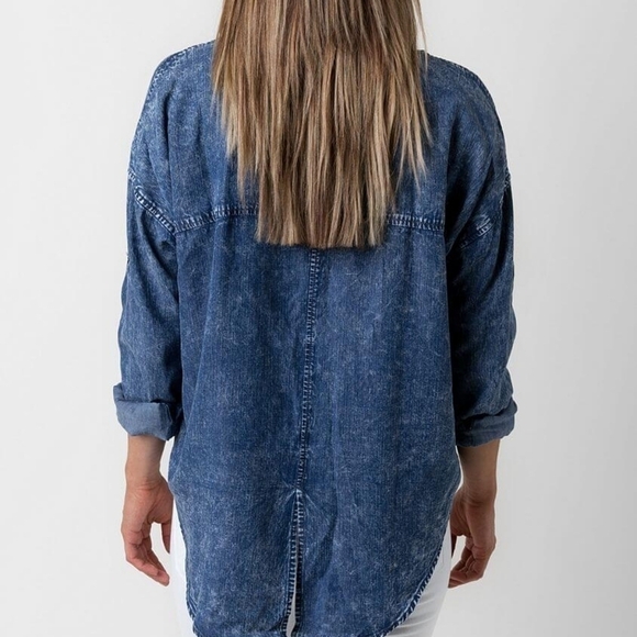 LIVERPOOL Jeans Washed Out High Low Button Up Split Back Top Large - Picture 3 of 13